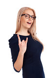 Blonde woman showing rock on gesture