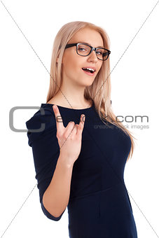 Blonde woman showing rock on gesture