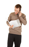 Manager with document folder calling by the phone