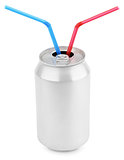Aluminum soda can with straws on white