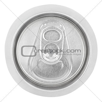 Closeup of aluminum soda can on white