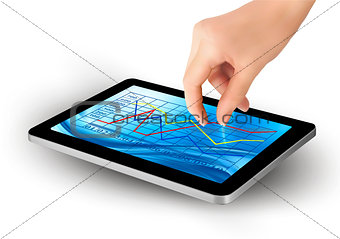 Fingers touching screen of touchpad with icons. Vector.