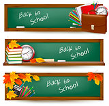 Back to school.Three banners with school supplies and autumn leaves. Vector.