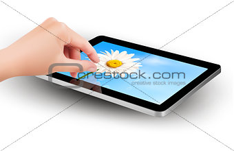Fingers touching screen of touchpad with icons. Vector.