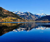 Blue mountain lake landscape view with mountain reflection