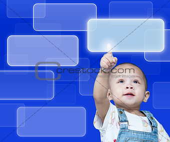 Child raises up forefinger with press button
