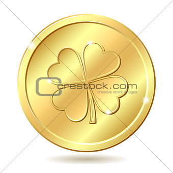 Golden coin with four leaf clover. St. Patrick's day symbol.