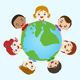Multicultural children hand in hand on earth