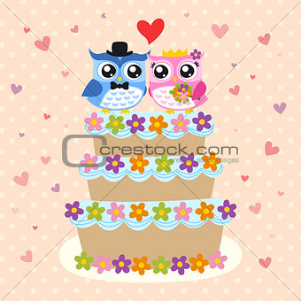 owls couple and wedding cake