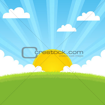 summer landscape with sun and blue sky