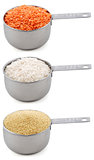 Staple ingredients - lentils, white rice and cous-cous - in cup 
