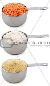 Staple ingredients - lentils, white rice and cous-cous - in cup 
