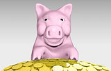 pink piggy is smiling over a pile of coins