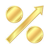 Growing percentage sign with gold coins.