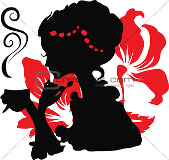 Woman silhouette with a cup of coffee.