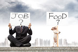businessman looking for a job and dog looking for the food