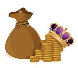 coins money bag and royal crown