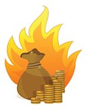 coins money bag on fire