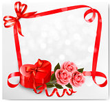 Holiday background with red heart-shaped gift box and flowers. V