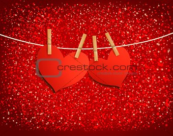 Two red loving hearts hanging on a rope. Vector illustration