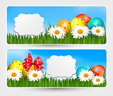Easter banners with Easter eggs and colorful flowers. Vector ill
