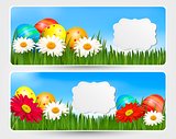 Easter banners with Easter eggs and colorful flowers. Vector ill