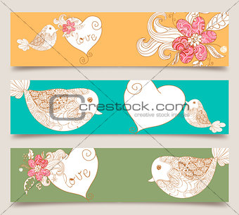 Valentine love birds and blossom banner set