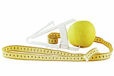 apple, meter and caliper on a white background
