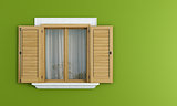 Wooden windows on green wall 