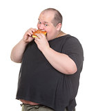 Fat Man Greedily Eating Hamburger
