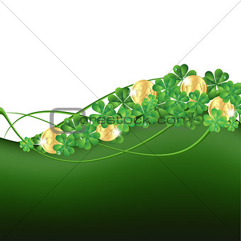 Patrick's Day card with clovers and golden coins.