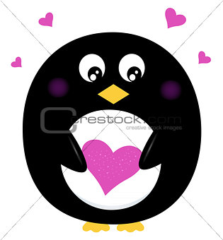 Cute Penguin holding pink heart isolated on white