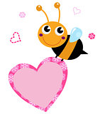 Cute flying Bee holding pink heart isolated on white