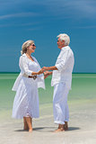 Happy Senior Couple Holding Hands on Tropical Beach