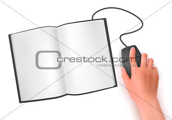 Hand with computer mouse and book  Vector illustration 