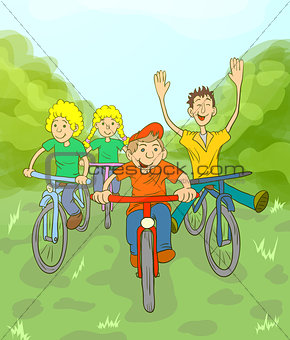 Children riding on bikes in the park. Children play in the fresh air.
