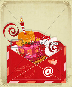 Vintage birthday card with Chocolate Berry Cake