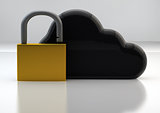Cloud Technology Safety Concept with Cloud Sign and Golden Padlo