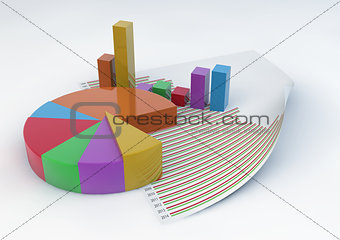 3d Pie Chart and Bars with a statistic document paper isolated o