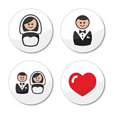 Groom and bride on round white labels