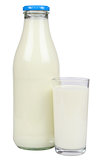 Milk in a bottle and in a glass, isolated on white