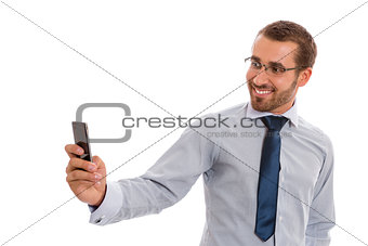 Business man with mobile camera
