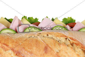 Top view of a baguette with ham