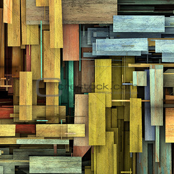 abstract 3d render fragmented colored wood timber plank backdrop