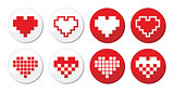 Pixeleted red heart icons set - love, dating online concept