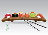 Sushi details of japanese cuisine - ingredients, fish, chopsticks and plate. Vector illustration