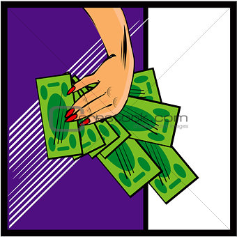 Vector comic female hand with cash money Hand with money on pop 