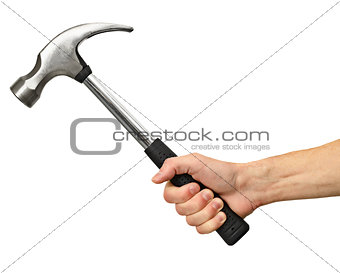 Hammer in hand on white background