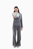 Happy businesswoman with a lot of bank notes in her hand
