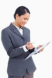 Close up of saleswoman with clipboard and pen